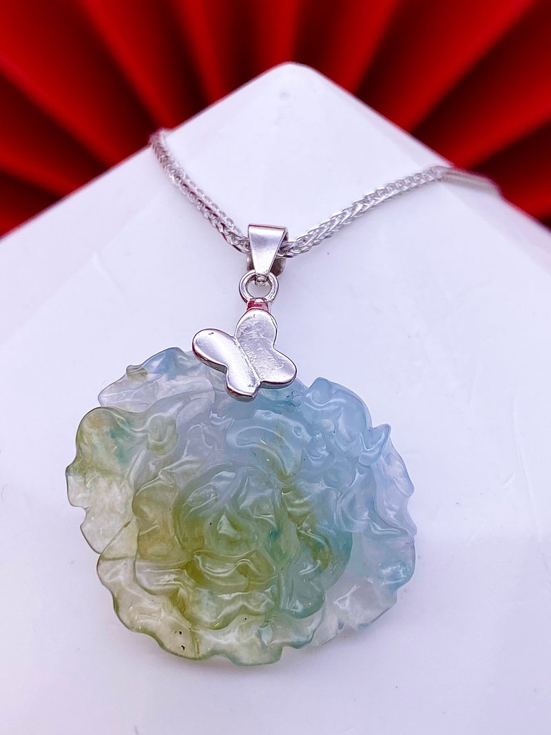 纯银系列 - 白冰翡翠牡丹纯银颈链 - 项链 - 宝石 