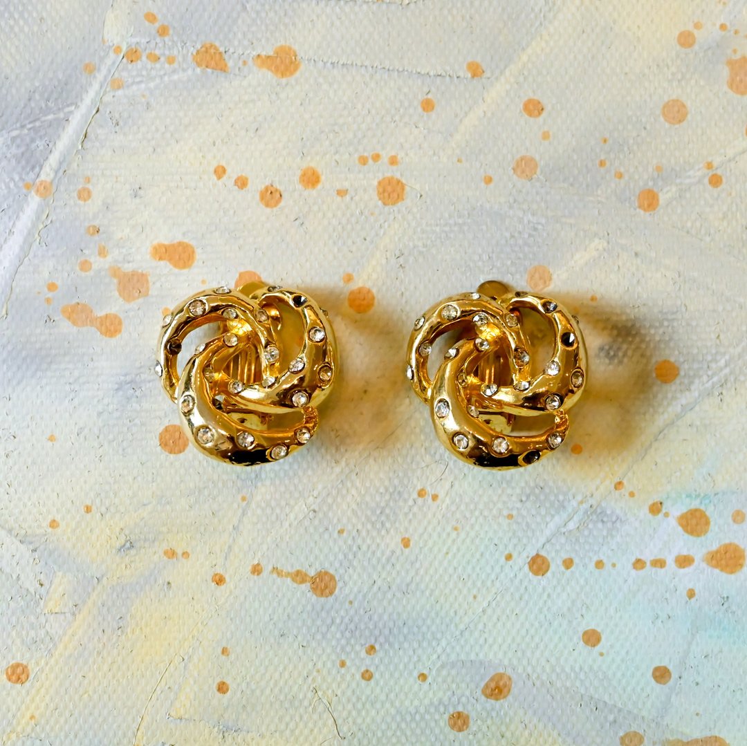 【NaSuBi Vintage】水钻镶嵌金属耳夹古董耳环 - 耳环/耳夹 - 其他金属 金色