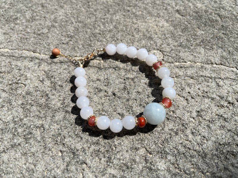 天然原矿A货玉 缅甸淡淡淡粉红圆珠蓝紫翡翠大珠设计手链 - 手链/手环 - 宝石 绿色