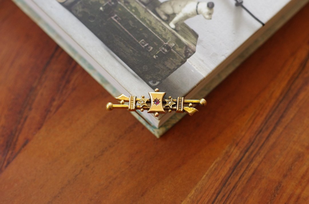 Antique 15K 15CT 金 珍珠 线条 别针 纯金 爱德华 维多利亚时期 - 胸针 - 其他金属 金色
