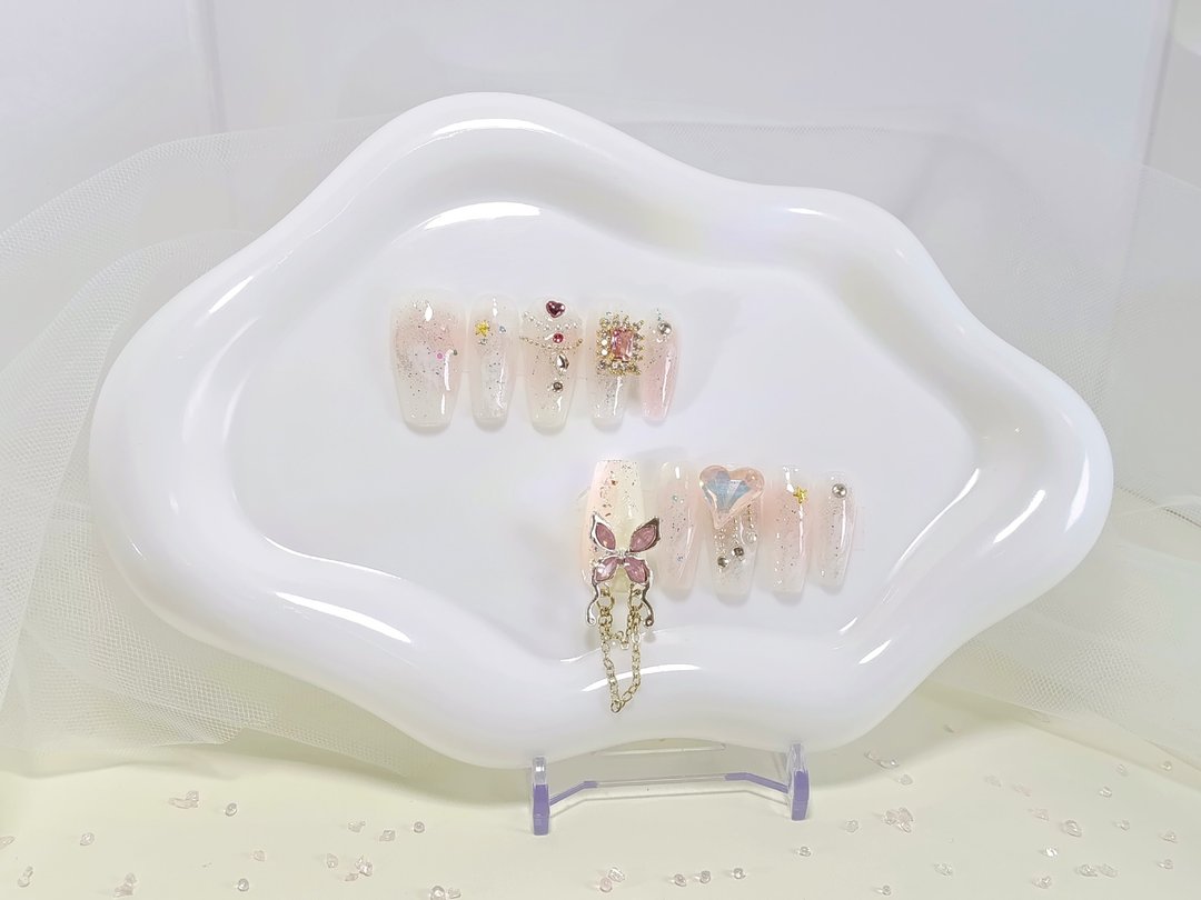 【YUE】樱雪幻梦 - 白雾立体重工穿戴甲 L 码 - 指甲油/指甲贴 - 塑料 粉红色