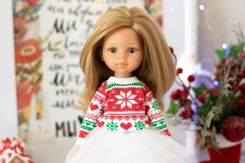 Christmas sweater for Paola Reina doll, Siblies doll, Little Darling sweatshirt - 玩偶/公仔 - 棉．麻 红色