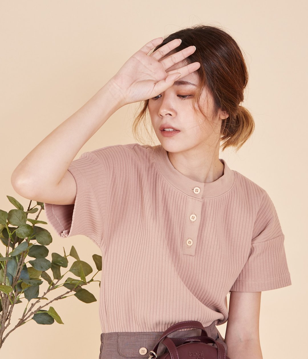 Casual Comfortable Ribbed Shirt Wake Up Top - Almond Pink - 女装上衣 - 棉 粉红色