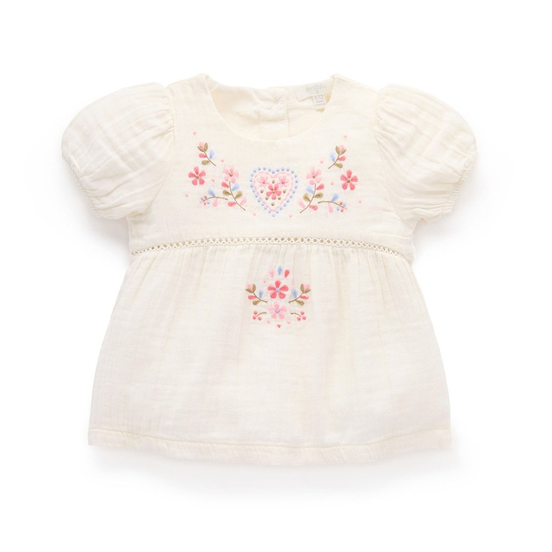 澳洲 Purebaby 有机棉女童短袖上衣 12M ~5T 米白绣花 - 童装上衣 - 棉．麻 