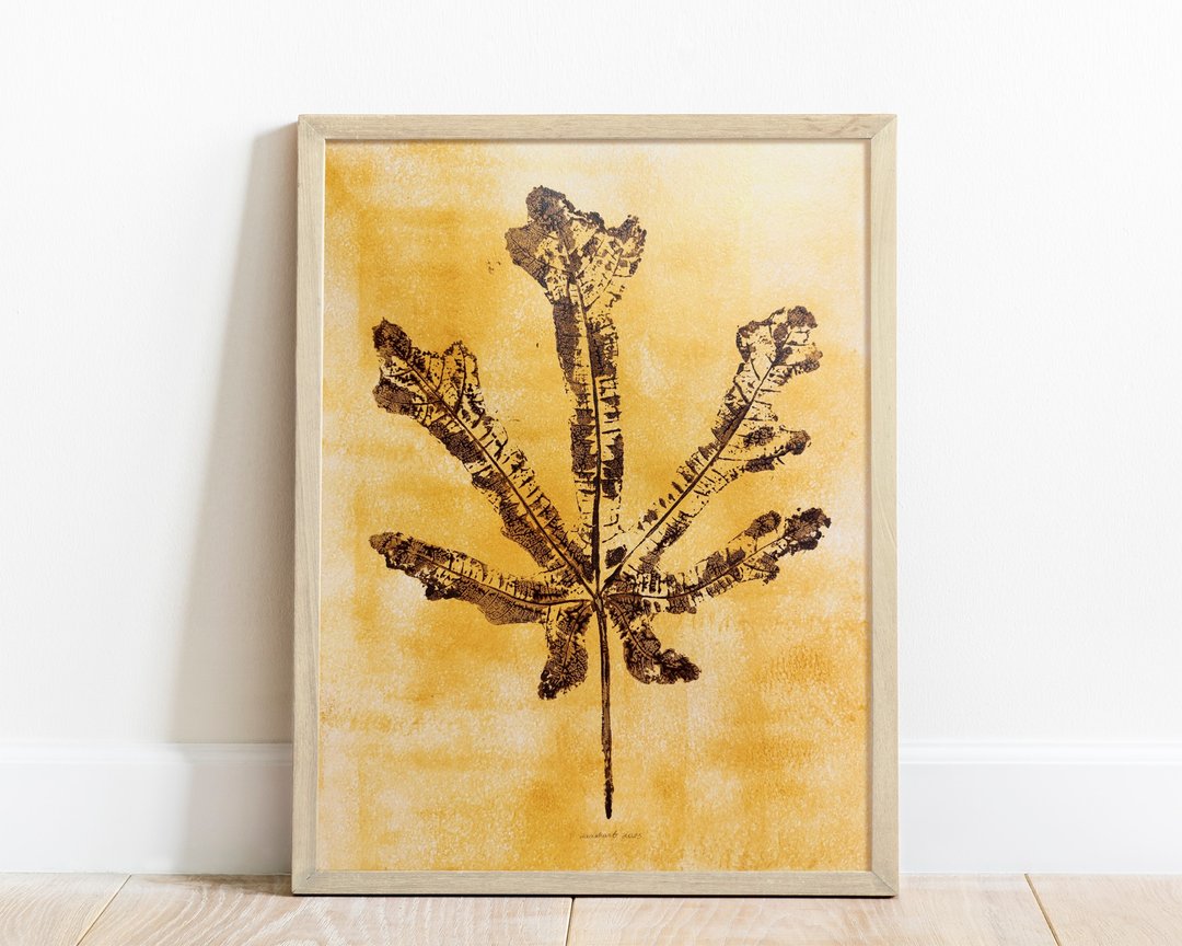 金棕复古纹理无花果叶墙艺术 Monotype 印刷原创艺术品 - 海报/装饰画/版画 - 纸 金色
