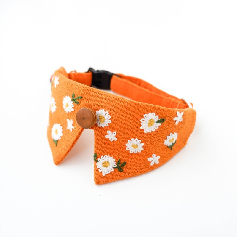 Daisies collar set,Removable- Hand Daisies Embroidery collar for cat - Orange - 项圈/牵绳 - 棉．麻 橘色