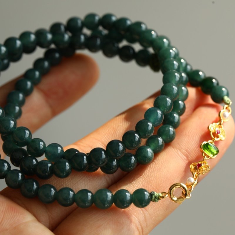 6mm危地马拉  天然原矿A货糯种蓝水翡翠 纯银玺如意链条设计多圈 - 项链 - 玉石 绿色