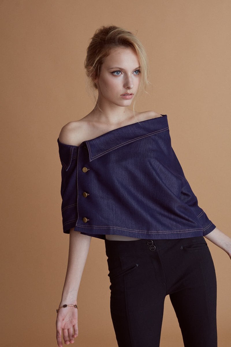 深蓝仿牛仔斜领上衣 - 女装上衣 - 其他材质 