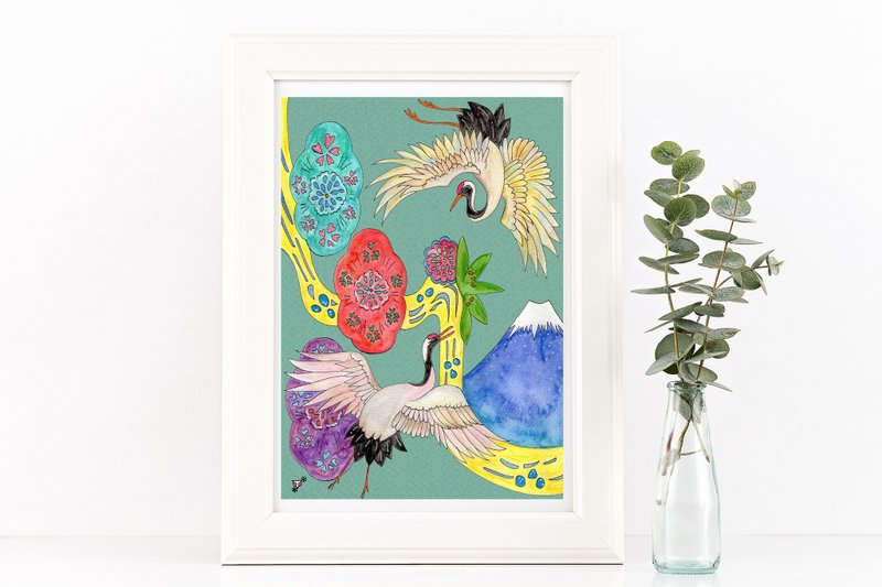 Japan A4 Poster // Crane and Mt.Fuji Art Print // Japan Decor Painting - 海报/装饰画/版画 - 纸 蓝色