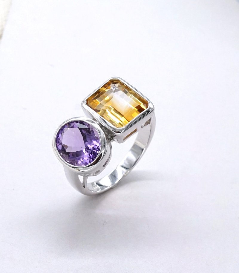 Sterling Silver Ring with Natural Amethyst and Citrine - 戒指 - 其他金属 多色