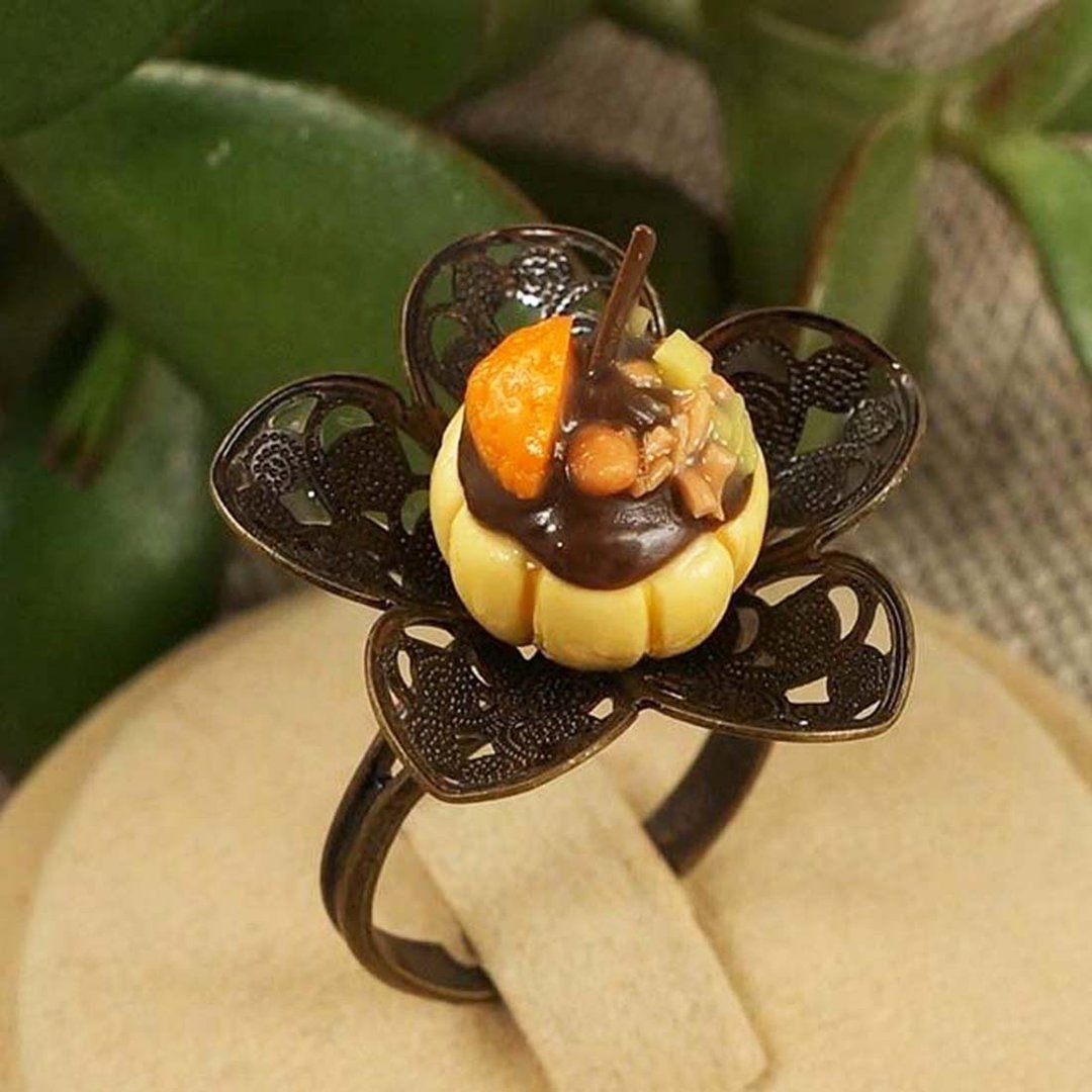 Cupcake Cake Tart Food Miniature Brass Flower Filigree Adjustable Ring Jewelry - 戒指 - 其他材质 橘色
