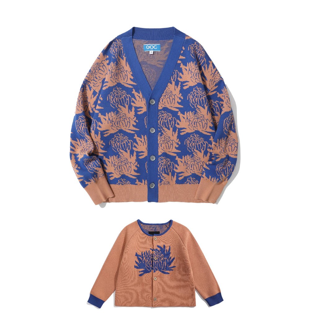限定优惠 - GOC Studio亲子两件套装 三文鱼色海洋蓝菊花针织外套 - 女装针织衫/毛衣 - 棉 