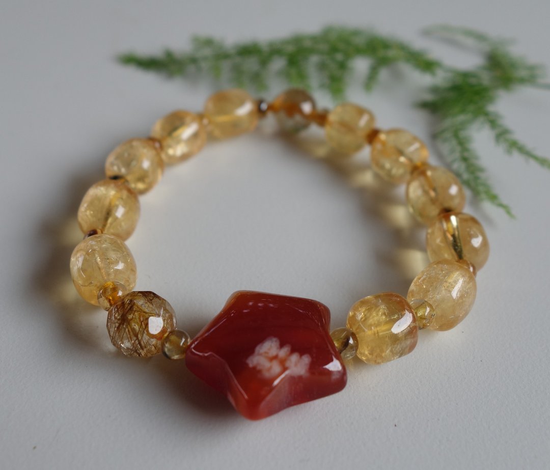 天然牛血红星形樱花玛瑙 黄水晶 手链15克 钛晶 手串 水晶净透 - 手链/手环 - 玉石 多色