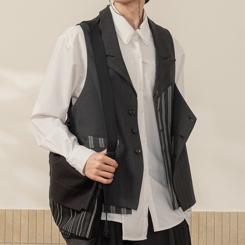 【咏叹】森系复古 格条纹拼接双层翻页腰带马甲 - 男装外套 - 其他材质 灰色