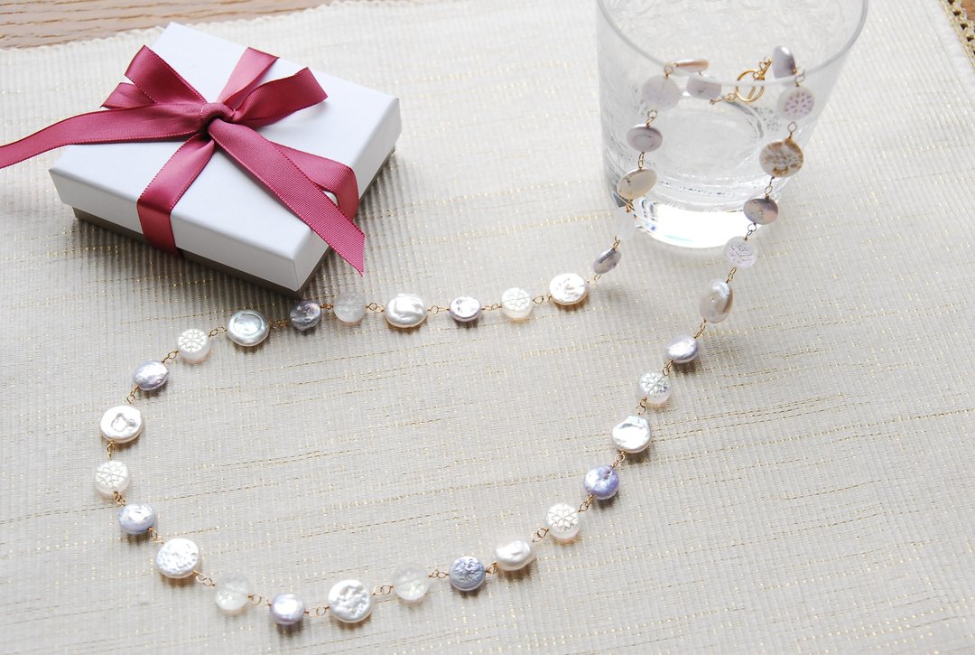 Snow crystal beads and 2 kinds of pearl necklace 14kgf - 项链 - 珍珠 紫色