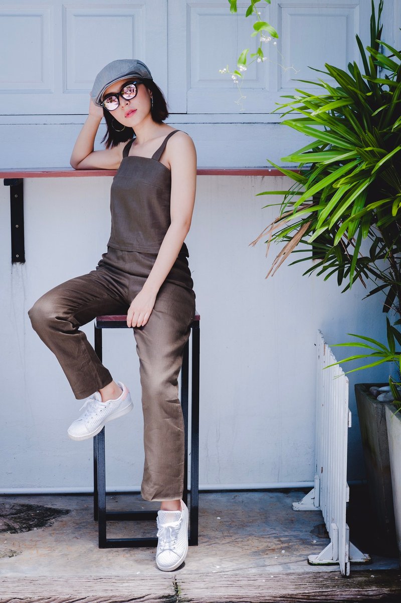 Spaghetti Strap Top - 女装上衣 - 亚麻 咖啡色