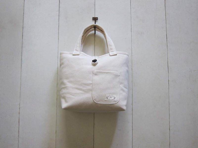 马卡龙系列-帆布小号托特包 米白+米白 (木扣开口+外小口袋) - 手提包/手提袋 - 其他材质 白色