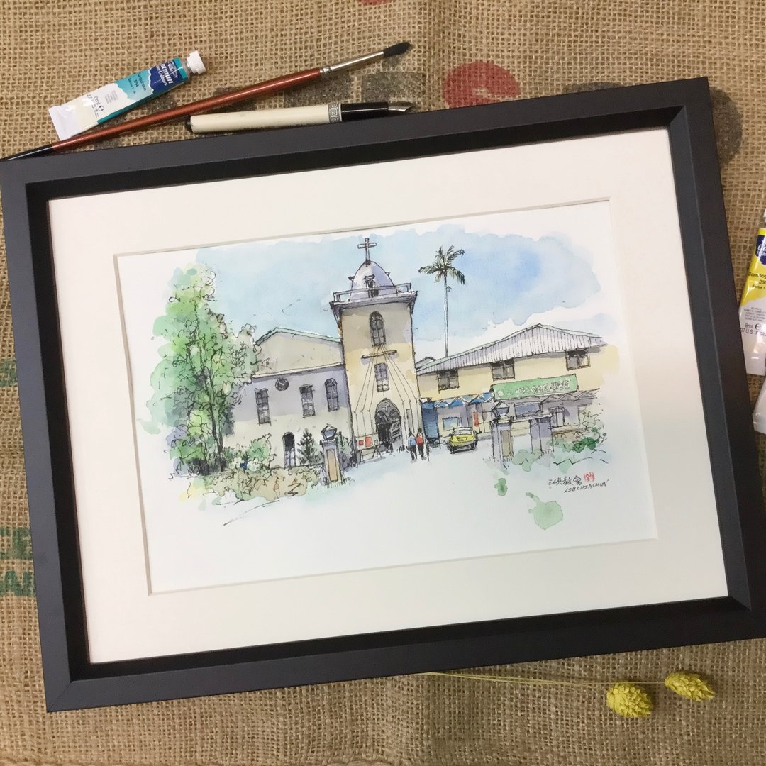 三峡教会/手绘原创淡彩画/含画框 - 海报/装饰画/版画 - 纸 咖啡色