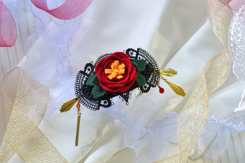 茜色山茶花发夹坠饰版 - 发饰 - 其他人造纤维 红色