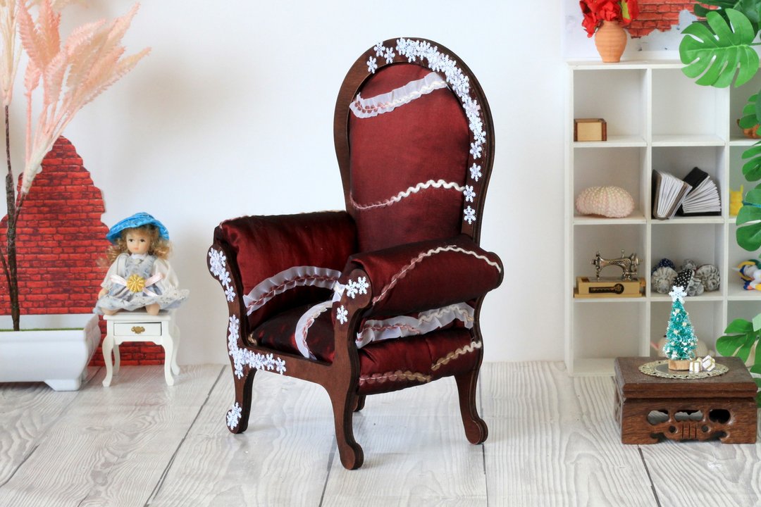 Dollhouse chair decorative handmade miniature furniture red white upholstered th - 玩具/玩偶 - 木头 红色