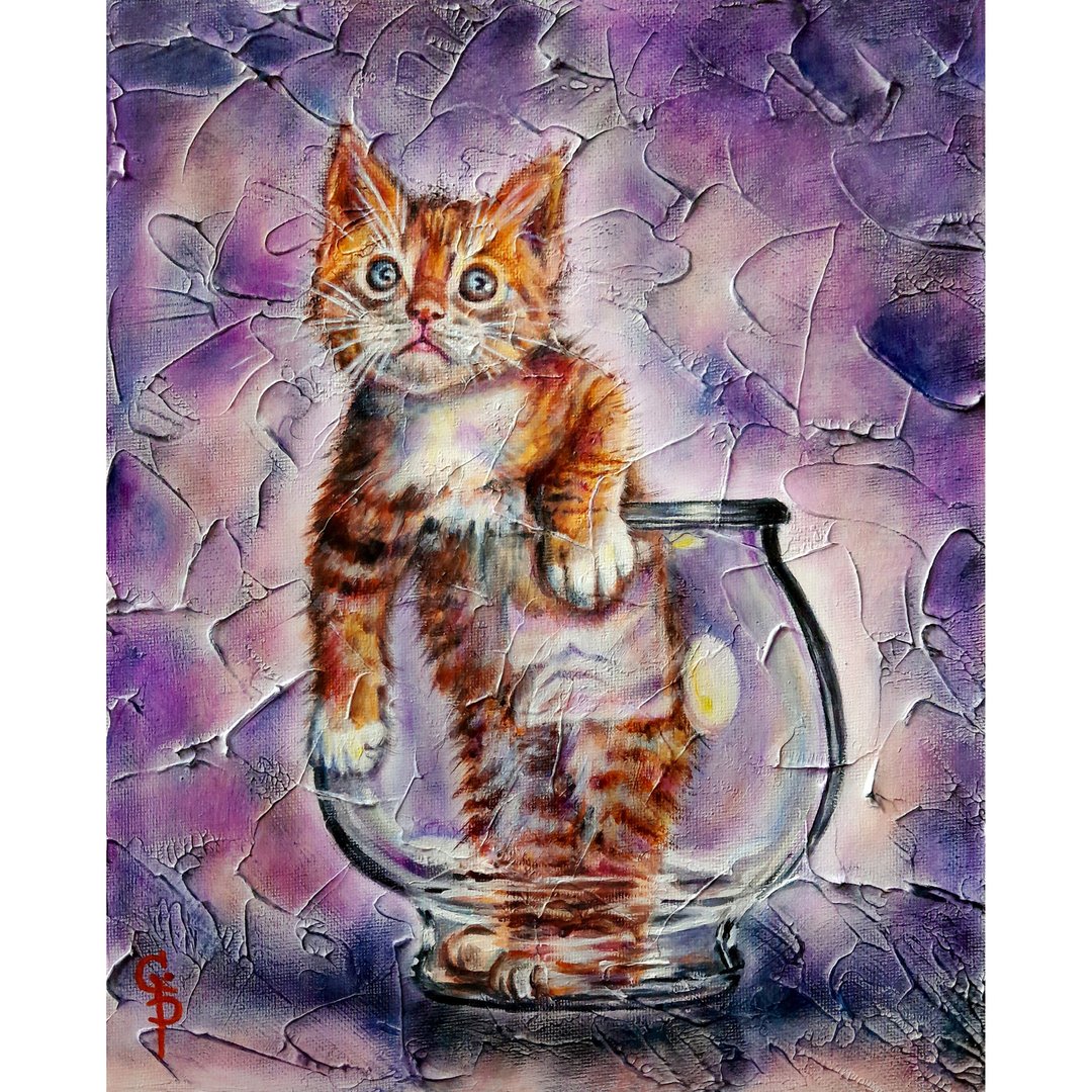 猫画帆布原创油画圣诞礼物艺术卡哇伊玻璃上的红色小猫 - 墙贴/壁贴 - 其他材质 紫色
