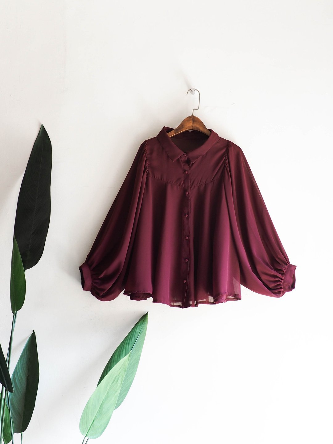 河水山 - 长野枣红干燥玫瑰优雅女人 古董丝感纺纱质衬衫上衣 shirt oversize vintage - 女装衬衫 - 聚酯纤维 红色