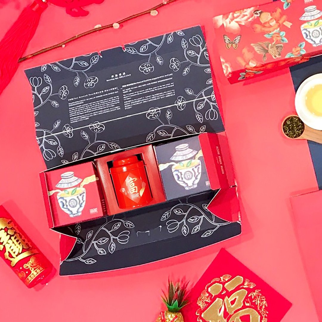 H【无藏】新年春节公益 喜庆长礼盒-综合茶食礼 (1茶+1饼+1糖) - 茶 - 新鲜食材 多色