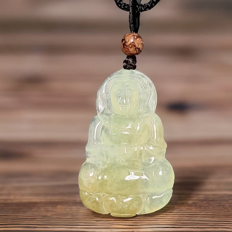冰种飘黄翡翠观音菩萨项链 | 天然缅甸玉翡翠A货 | 送礼 - 项链 - 玉石 黄色