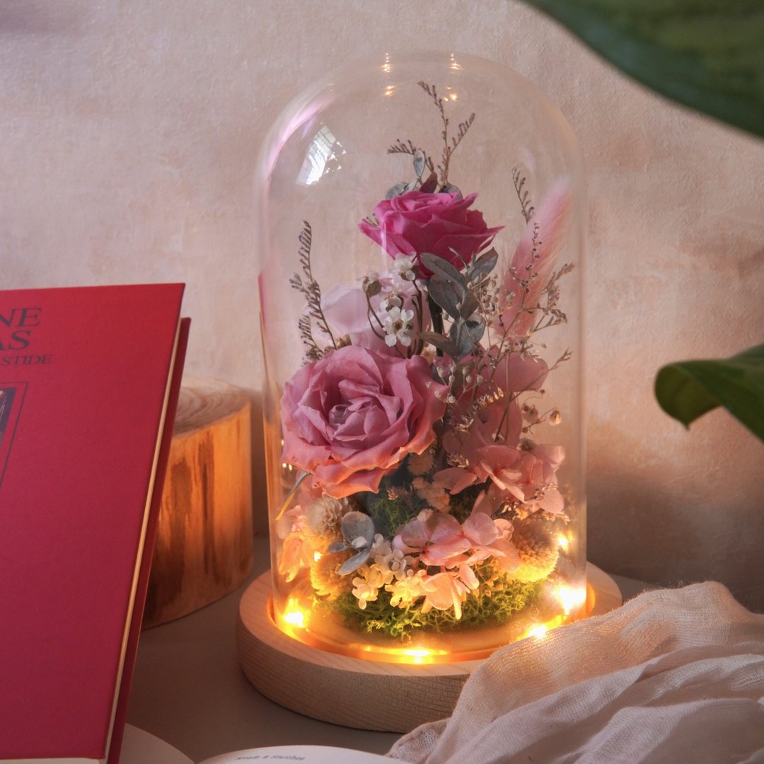 永生花玻璃盅  粉色系永生花 永生花夜灯装饰 永生花 - 干燥花/捧花 - 植物．花 粉红色