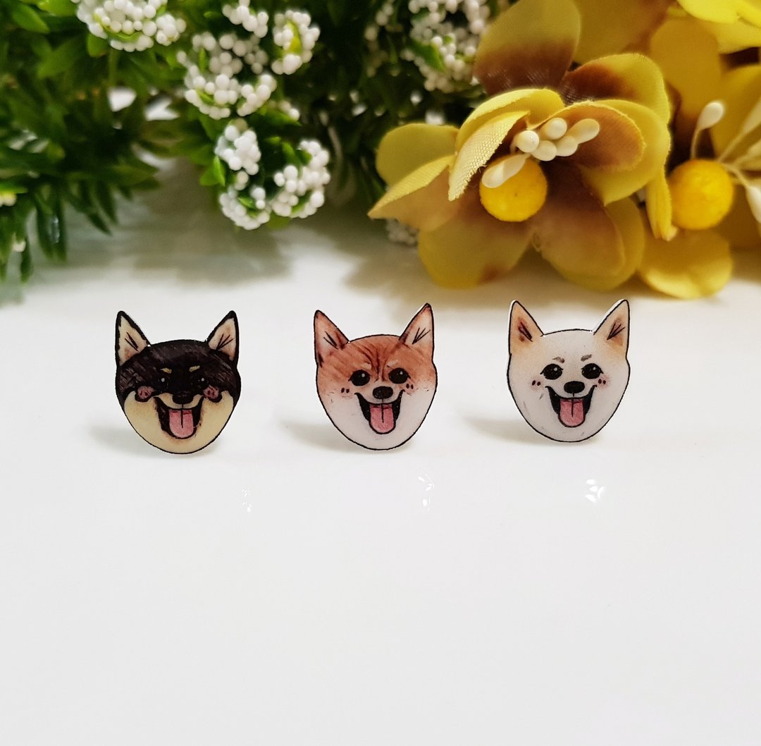 Shiba inu 三色柴犬 耳环 耳夹 - 狗狗系列 - 耳环/耳夹 - 塑料 卡其色