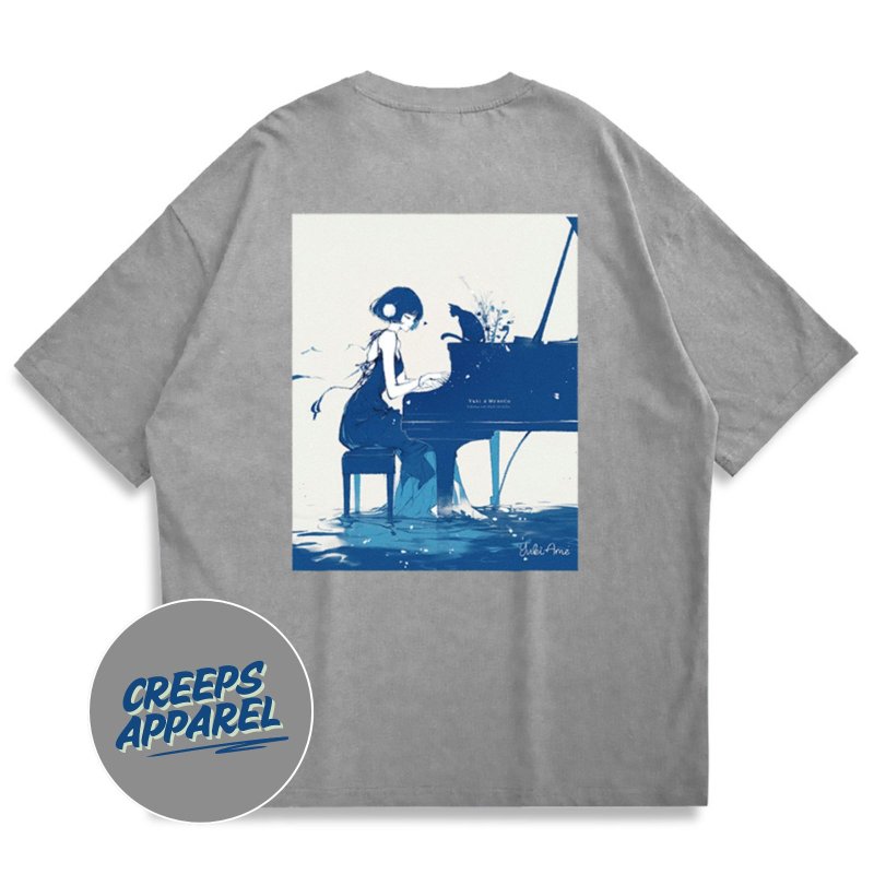 【Yukiame.art】Piano Blue 宽松重磅印花T恤 210g - 中性连帽卫衣/T 恤 - 棉．麻 多色