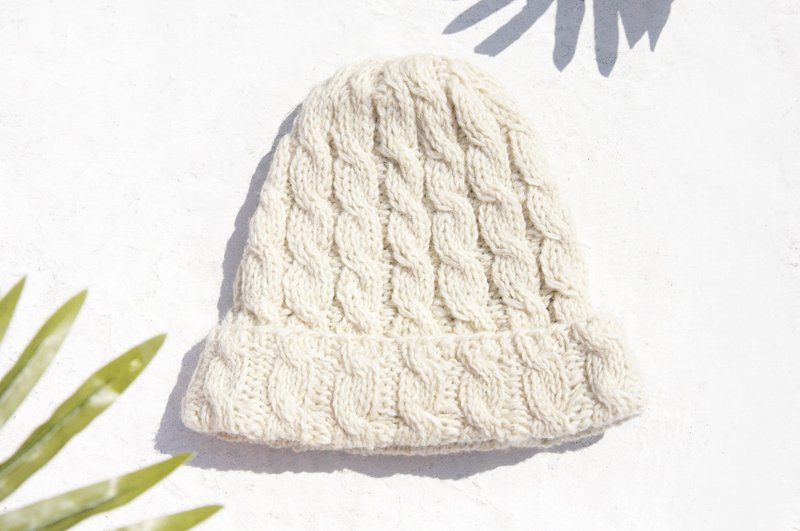 手工编织纯羊毛帽/编织帽/针织毛帽/内刷毛手织毛帽/毛线帽-牛奶 - 帽子 - 羊毛 白色