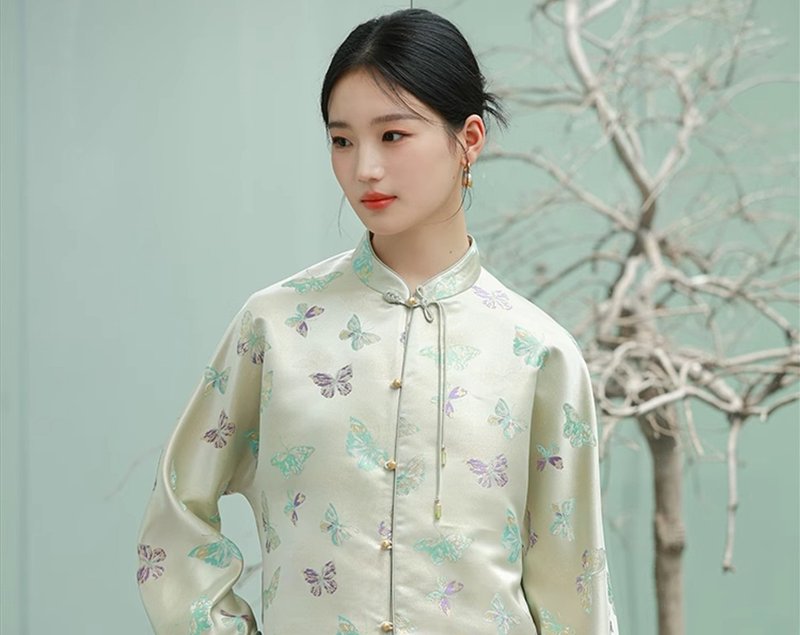 幻蝶锦 新中式中国风 丝绒拼色蝴蝶色织提花 外套/半裙 - 女装上衣 - 其他材质 绿色