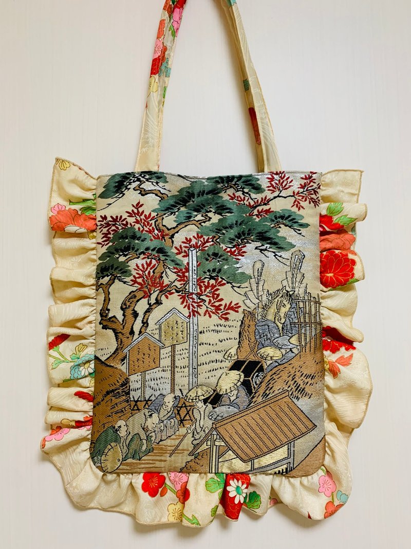 和服改造荷叶边包 - 手提包/手提袋 - 丝．绢 金色