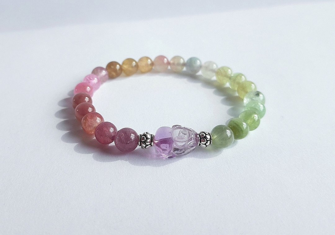 宝石系 浮光幻彩 天然矿石 粉彩碧玺 紫水晶貔貅 925纯银 手链 - 手链/手环 - 宝石 多色