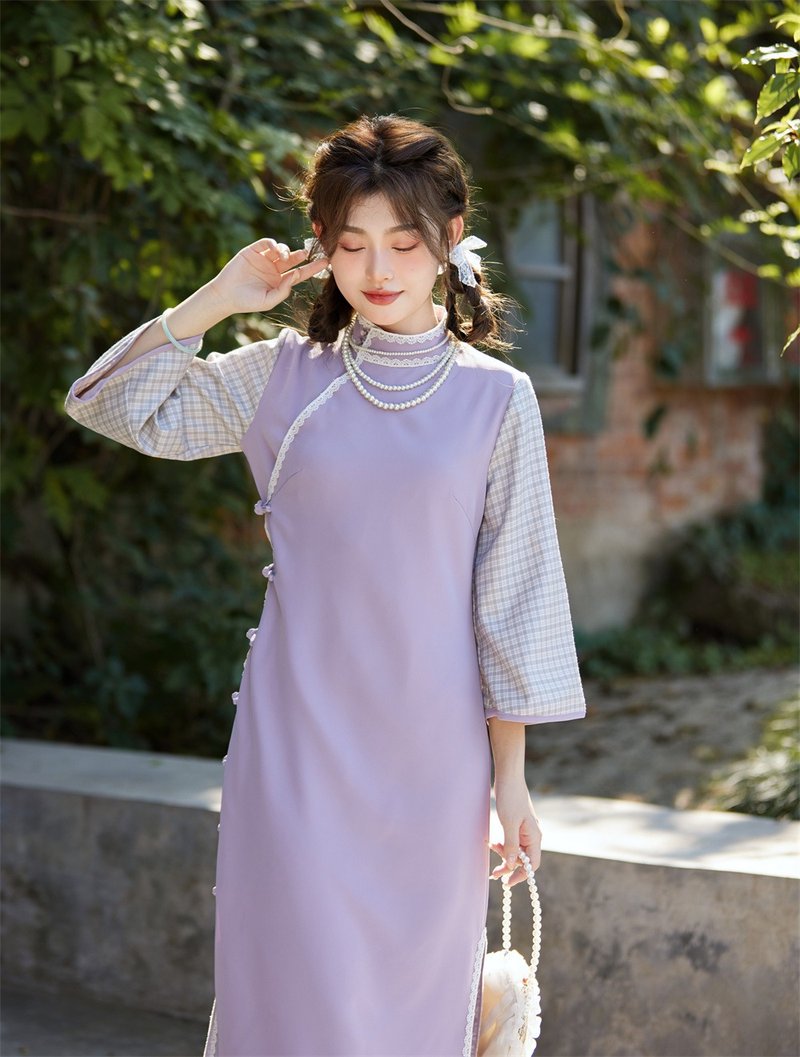 紫色 秋冬假兩件筒子領全開襟格紋洋裝 新中式中秋春節改良旗袍 - 旗袍 - 棉．麻 紫色