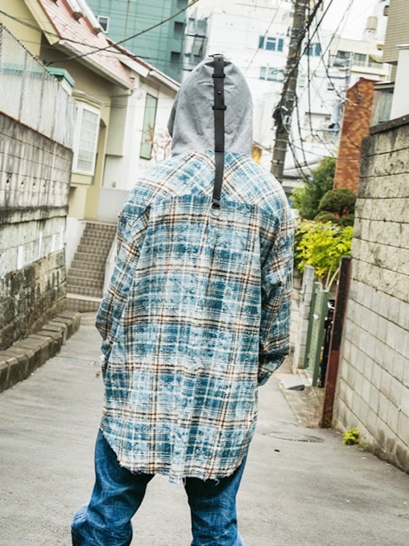 连帽格纹衬衫/蓝色/F尺寸/男女皆宜/hellcatpunks/hcp-sh-0051 - 女装衬衫 - 棉 蓝色