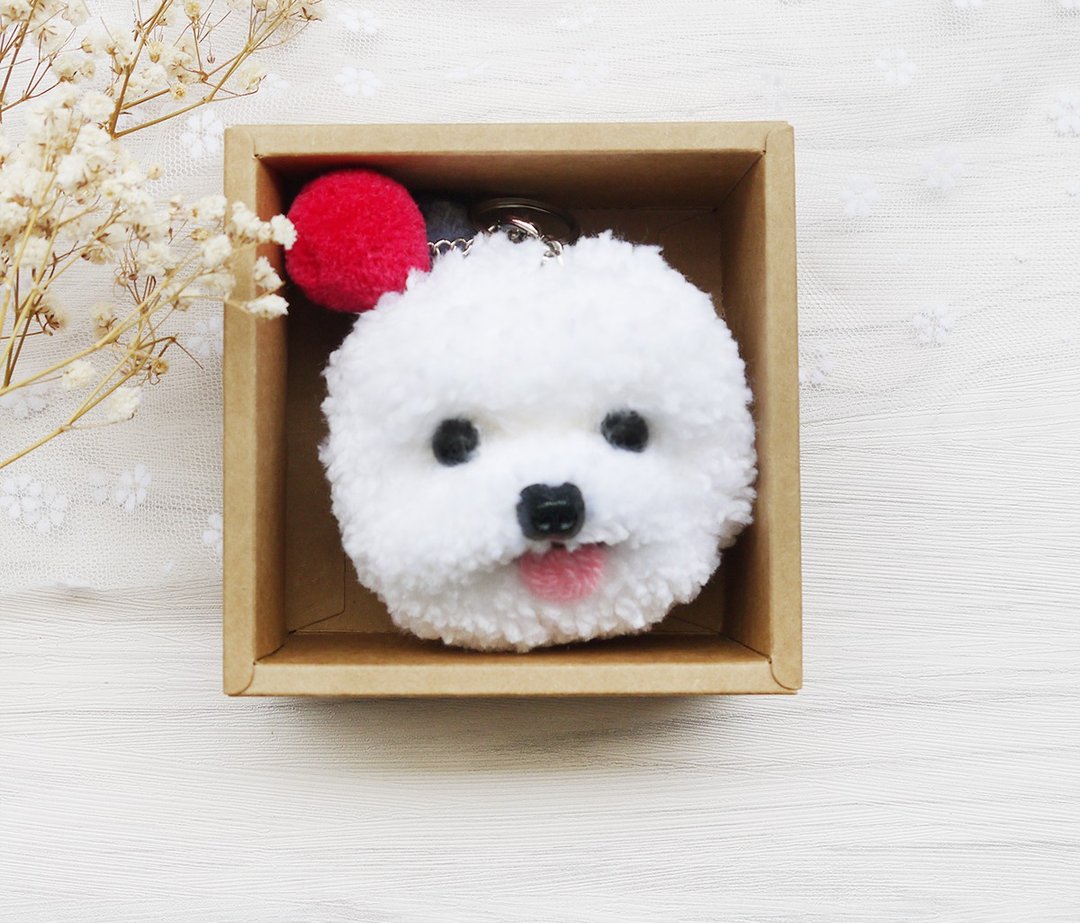 DOMOMO手工制 比熊犬钥匙圈 动物毛球系列 礼物 - 吊饰 - 棉．麻 白色