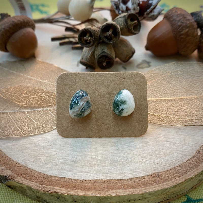 石光-天然矿石耳环-水草玛瑙01 - 耳环/耳夹 - 半宝石 绿色