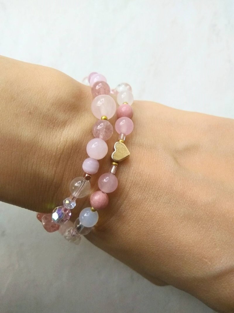 【心灵. 小宝物】 24K镀金心型 粉晶 草莓晶 粉玉髓 红纹石  手链 - 手链/手环 - 宝石 粉红色