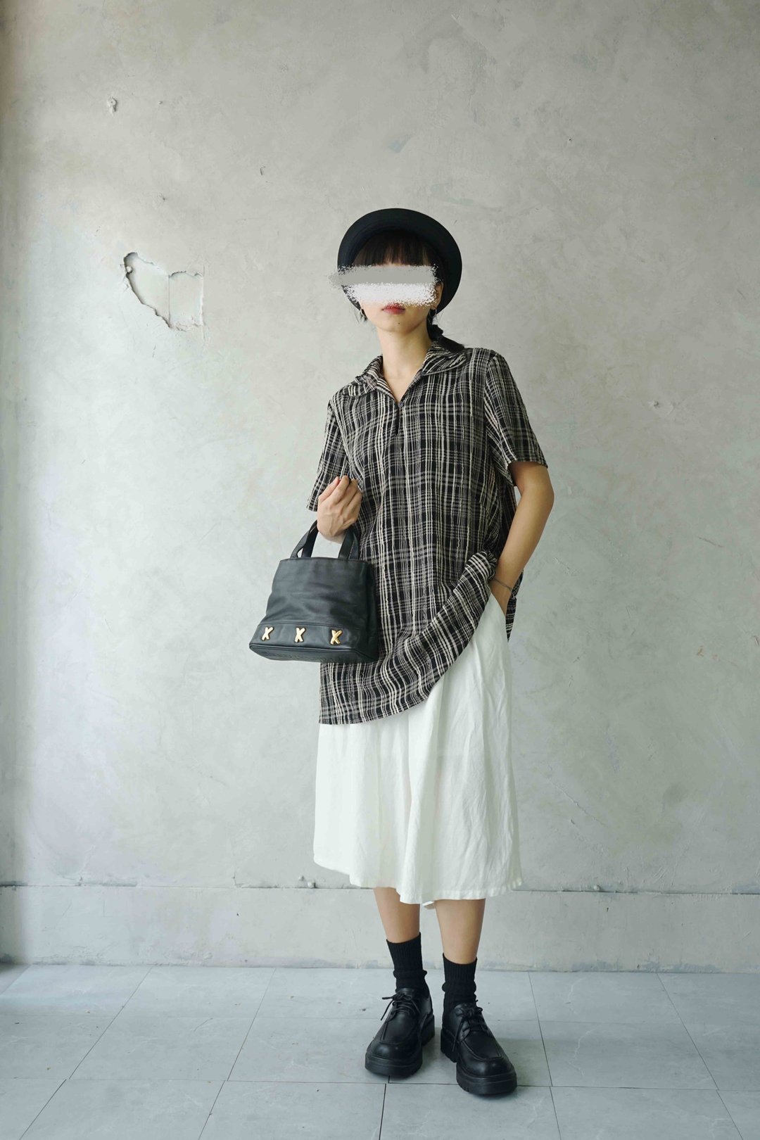 寻宝古着-黑白格立体织纹单扣长版上衣 - 女装上衣 - 聚酯纤维 黑色