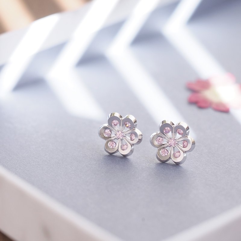 Pink Flower Earrings Silver 925 - 耳环/耳夹 - 其他金属 粉红色