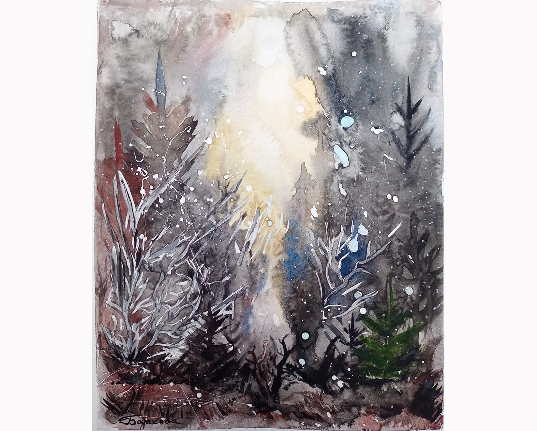 Winter Forest Watercolor Original Art Trees Painting Winter Watercolor - 海报/装饰画/版画 - 纸 多色