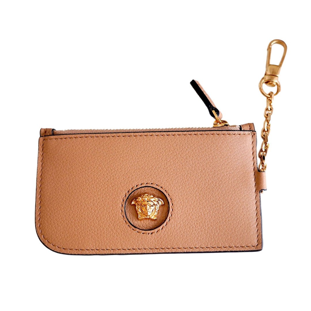 Étui à Cartes en Cuir Caramel avec Porte-Clés Medusa de V - 零钱包 - 真皮 卡其色