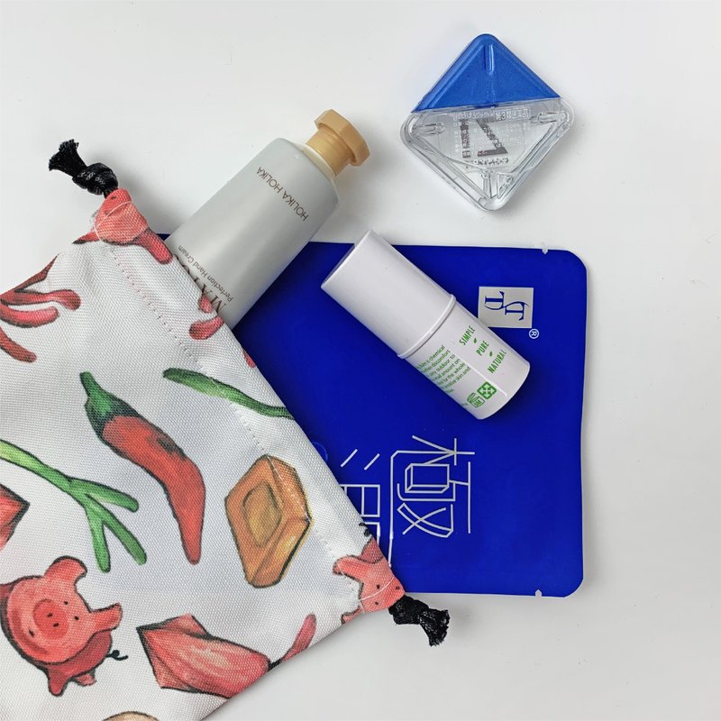 防泼水束口袋 收纳袋旅行束口收纳袋小物袋-客家小炒小猪鱿鱼豆干 - 收纳用品 - 其他材质 粉红色