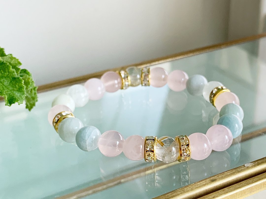 [Unisex] Aquamarine, Rose Quartz, Rutile Quartz, Breath Red [March Birthstone] - 手链/手环 - 半宝石 粉红色