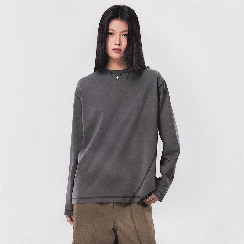 今日无风10周年小领口印花长袖T恤哈梭分割圆领打底衫 - 中性连帽卫衣/T 恤 - 其他材质 灰色