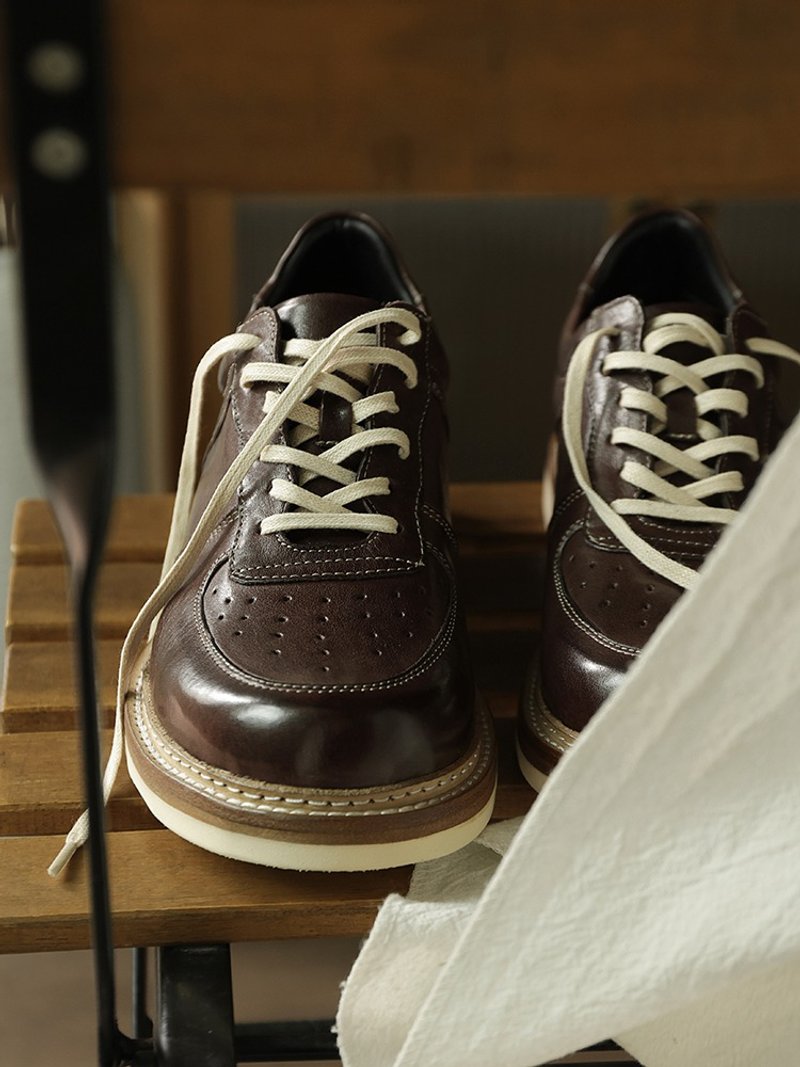 美式复古真皮圆头厚底缝线低帮板鞋简约做旧透气工装鞋 - 男款休闲鞋 - 真皮 咖啡色