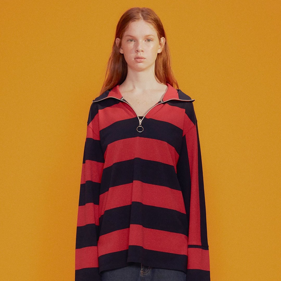 【Off-season sale】中性款 条纹拚接长袖高领上衣 / 红蓝条纹 - 女装上衣 - 棉 红色