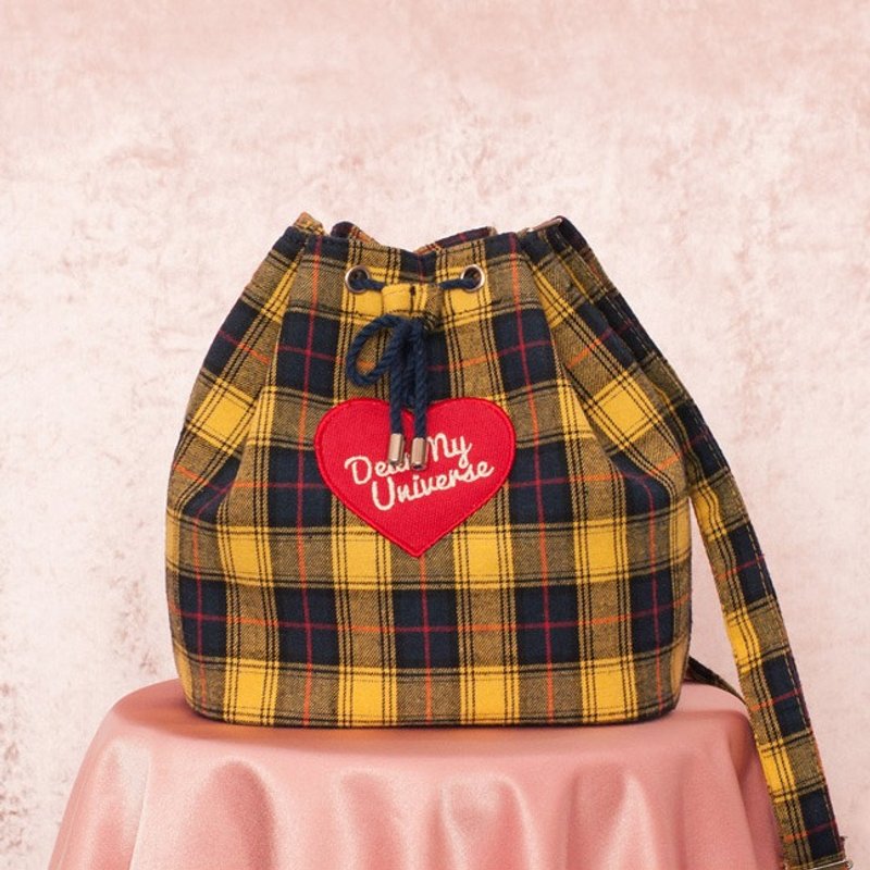 Dear My Universe 格纹水桶包 - 黄 - 侧背包/斜挎包 - 棉．麻 黄色